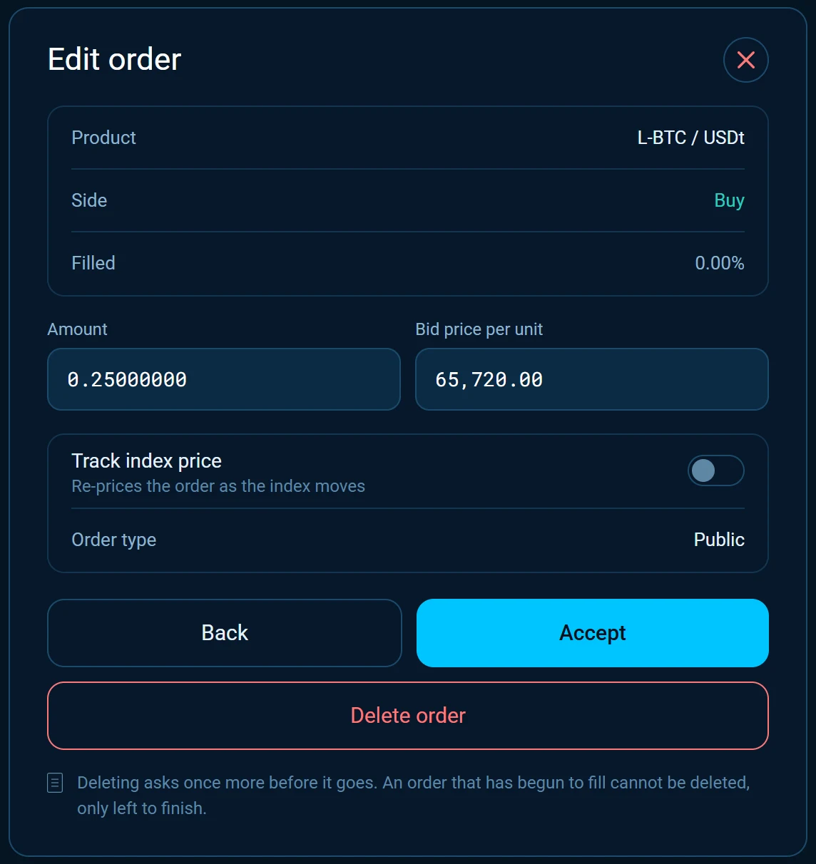 Edit order with the product, side, filled share, the amount and bid price fields, Track index price and Delete order.