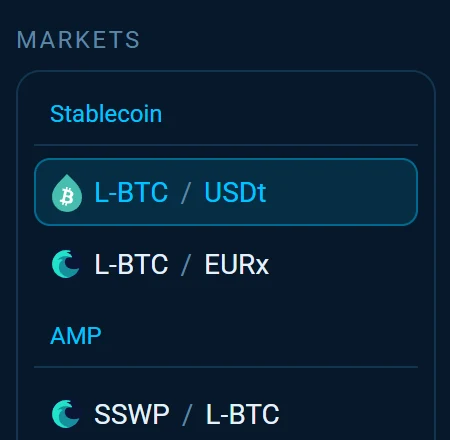 The Markets list of the desktop app, with the Stablecoin group and the AMP group holding SSWP against L-BTC.