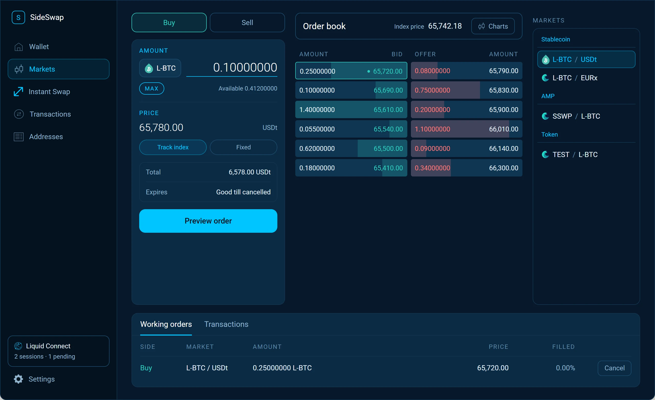 The Markets screen of the desktop app with the order panel, the L-BTC/USDt order book, the list of markets and one working order.