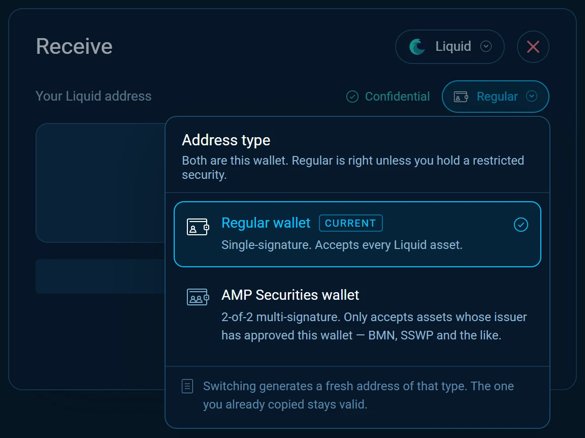 The desktop Receive dialog with its Address type menu open, Regular wallet or AMP Securities wallet.