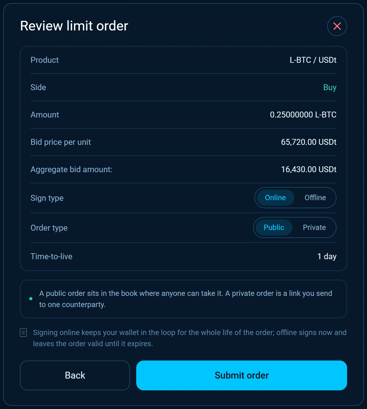 Review limit order with the product, side, amount, bid price, aggregate bid amount, Sign type Online or Offline, Order type Public or Private and the time-to-live.