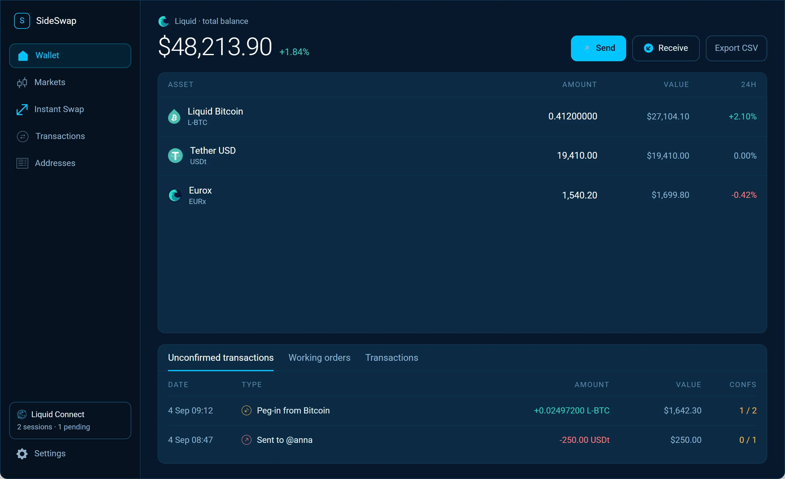 The desktop Wallet with the total balance, Send, Receive and Export CSV at the top, and the list of assets.