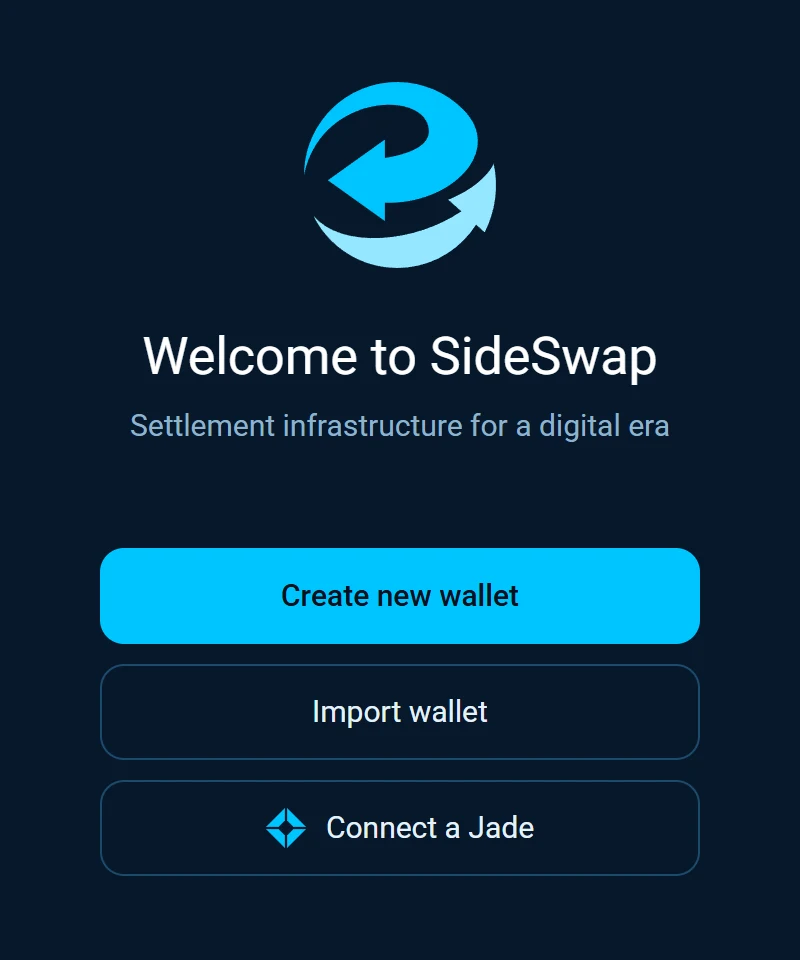 The desktop welcome screen with Create new wallet, Import wallet and Connect a Jade.