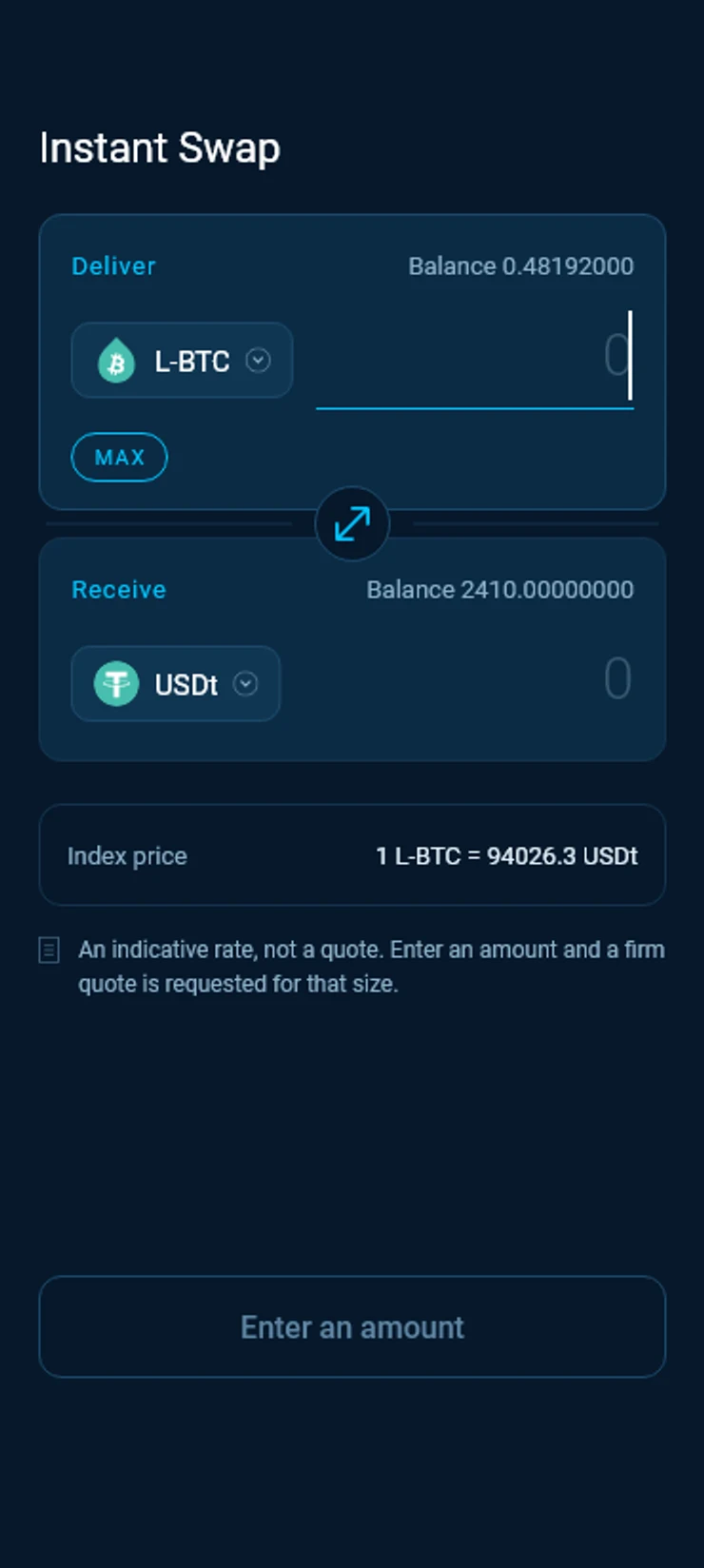Instant Swap with nothing entered, the index price shown as an indicative rate.
