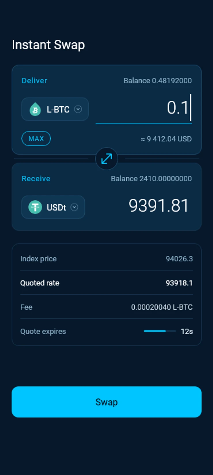 A live quote with Index price, Quoted rate, Fee and Quote expires in 12 seconds, and the Swap button.