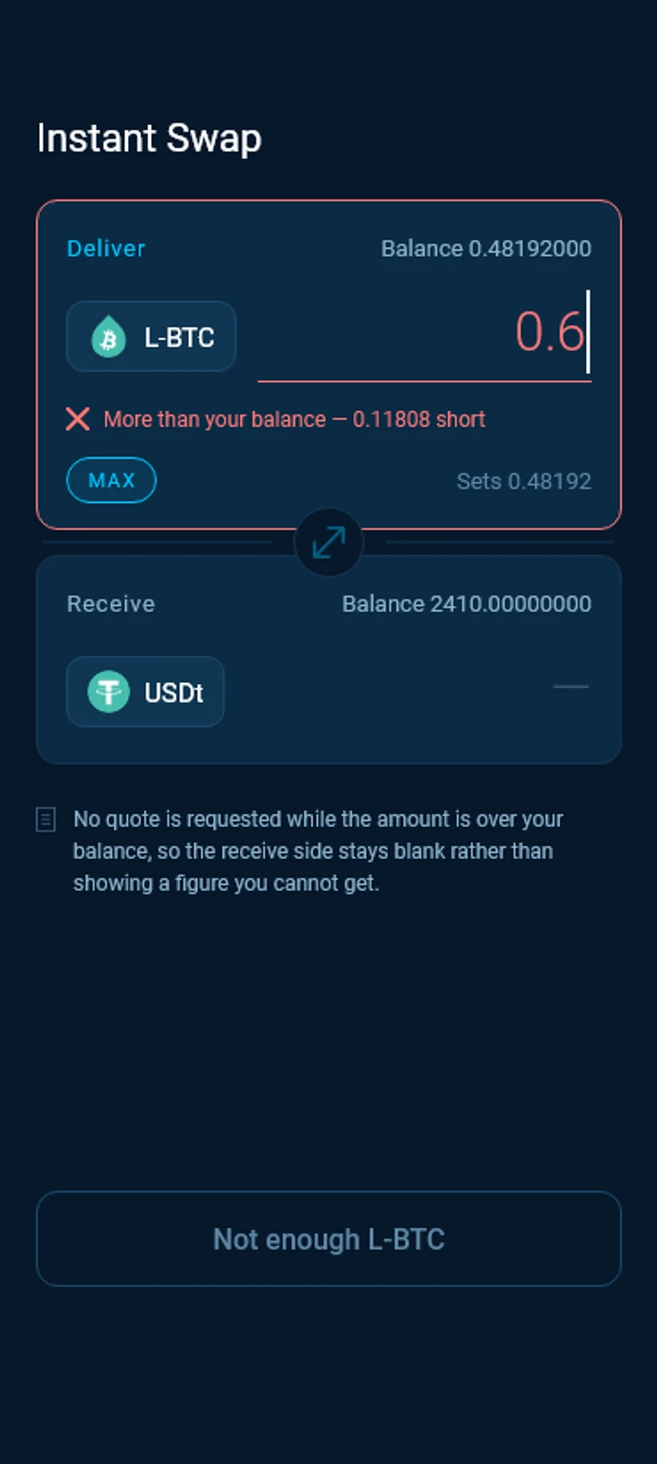More than your balance, 0.11808 short, with the button reading Not enough L-BTC.