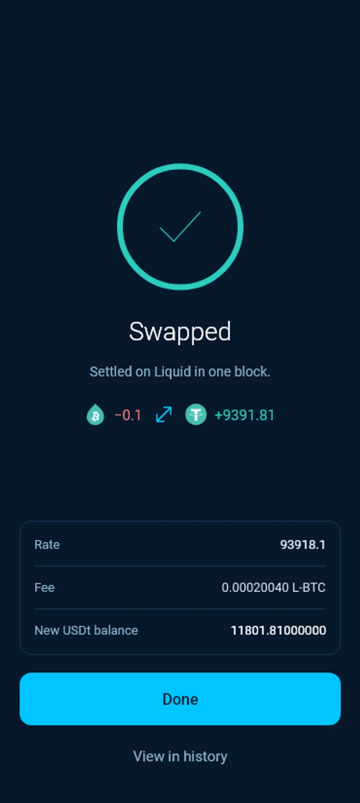 Swapped, settled on Liquid in one block, with the rate, fee and new USDt balance.