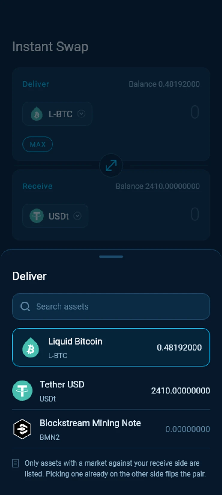 The asset sheet for Deliver with Liquid Bitcoin, Tether USD and Blockstream Mining Note.