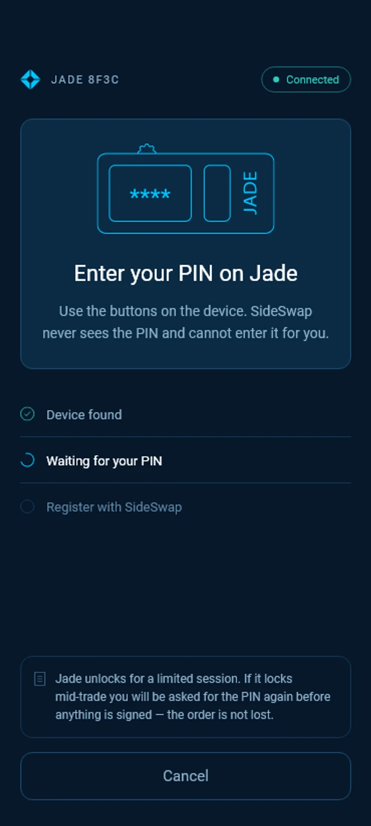 Enter your PIN on Jade, with Device found, Waiting for your PIN and Register with SideSwap.