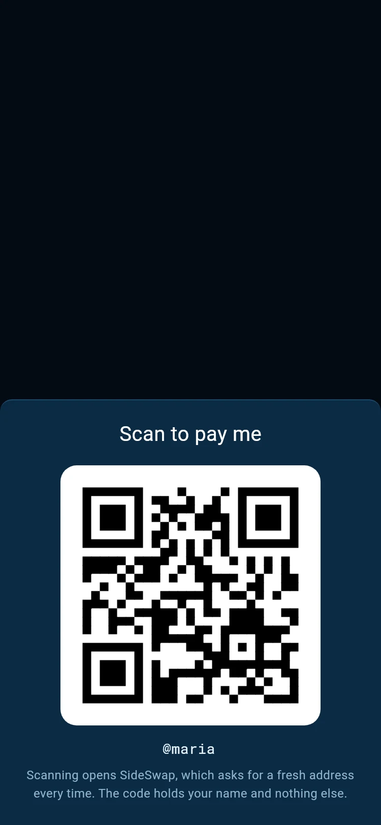 Scan to pay me, a QR code with @maria under it.