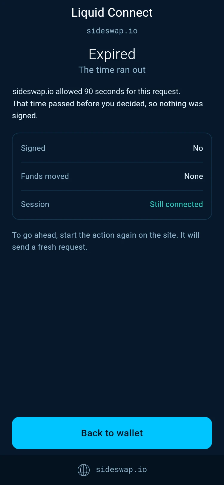Expired, the time ran out, with Signed No, Funds moved None and Session Still connected.