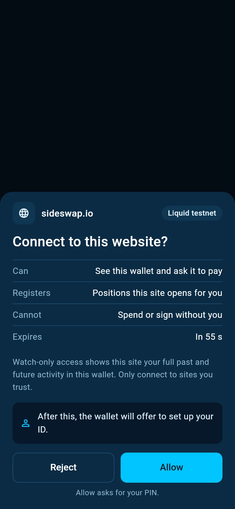The connect request for sideswap.io with Can, Registers, Cannot and Expires, and Reject and Allow.