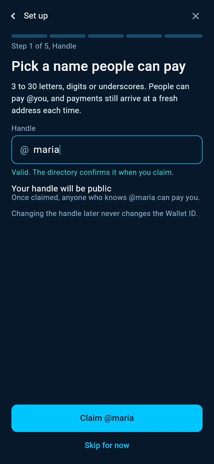 Pick a name people can pay, with @maria typed, Valid, Your handle will be public and Claim @maria.