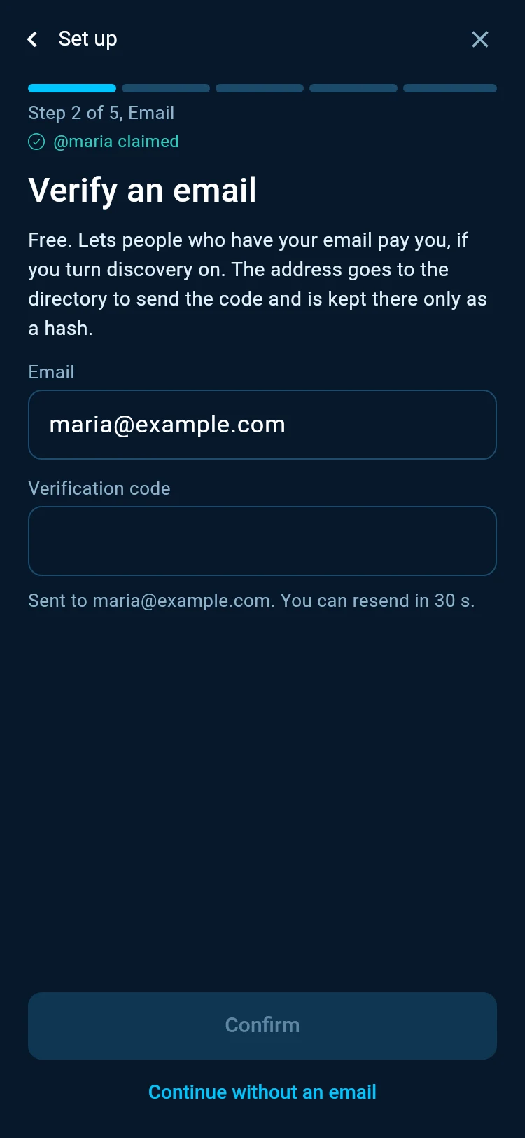 Verify an email, with the address, the verification code field and Sent to maria@example.com.