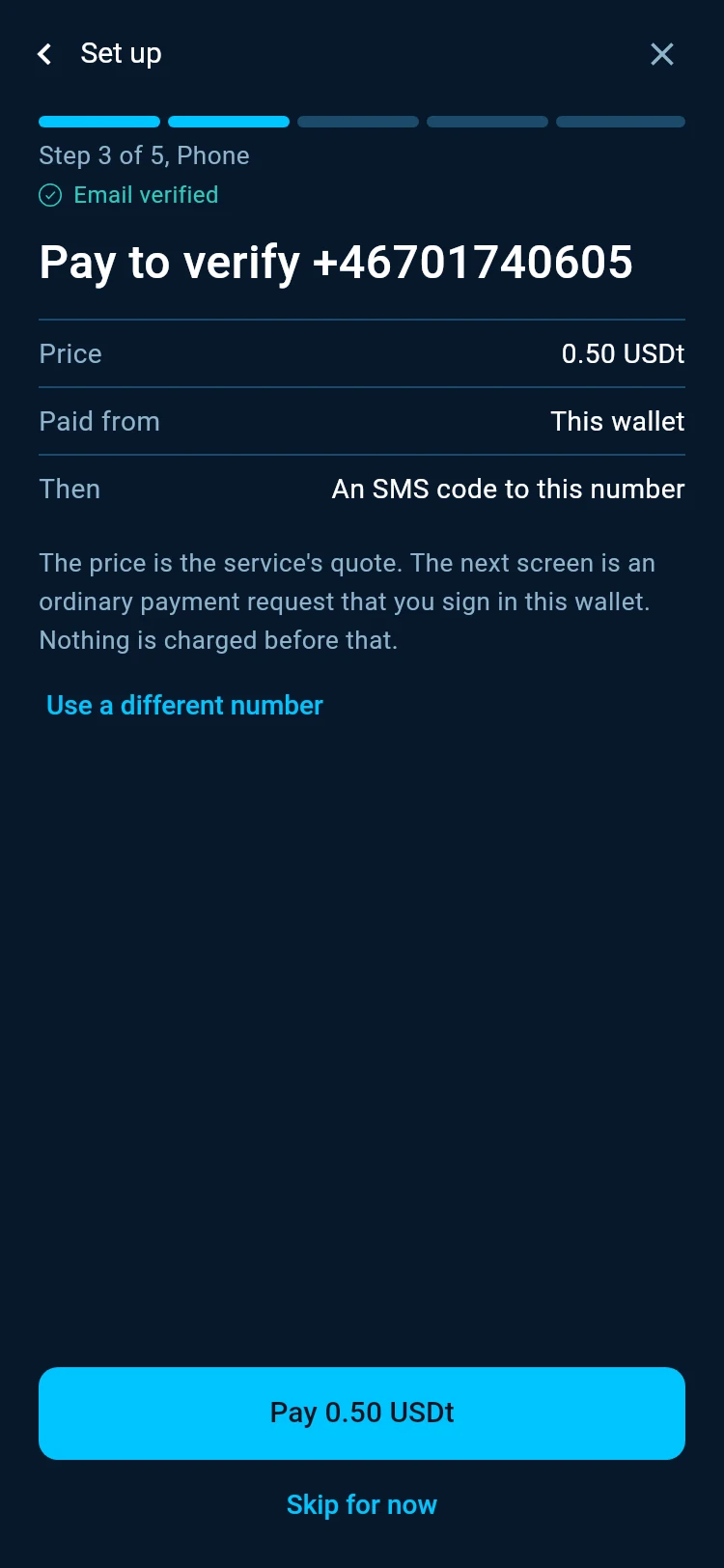 Pay to verify the number, with the price, Paid from This wallet and Then An SMS code to this number.