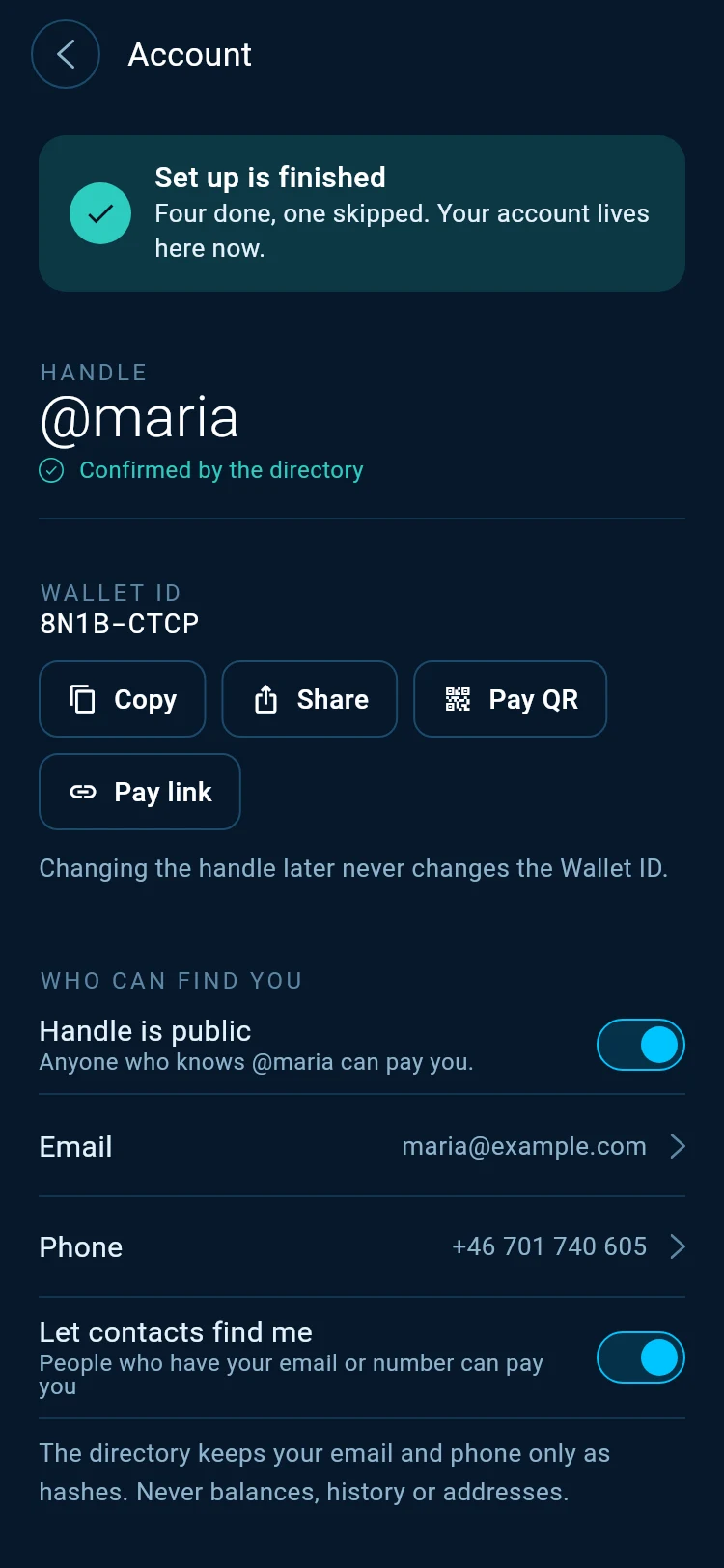 Account with Set up is finished, Four done, one skipped, the handle @maria confirmed by the directory and the Wallet ID.