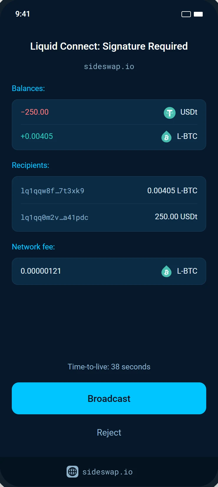 Signature Required from sideswap.io, with Balances, Recipients, Network fee and the time to live.