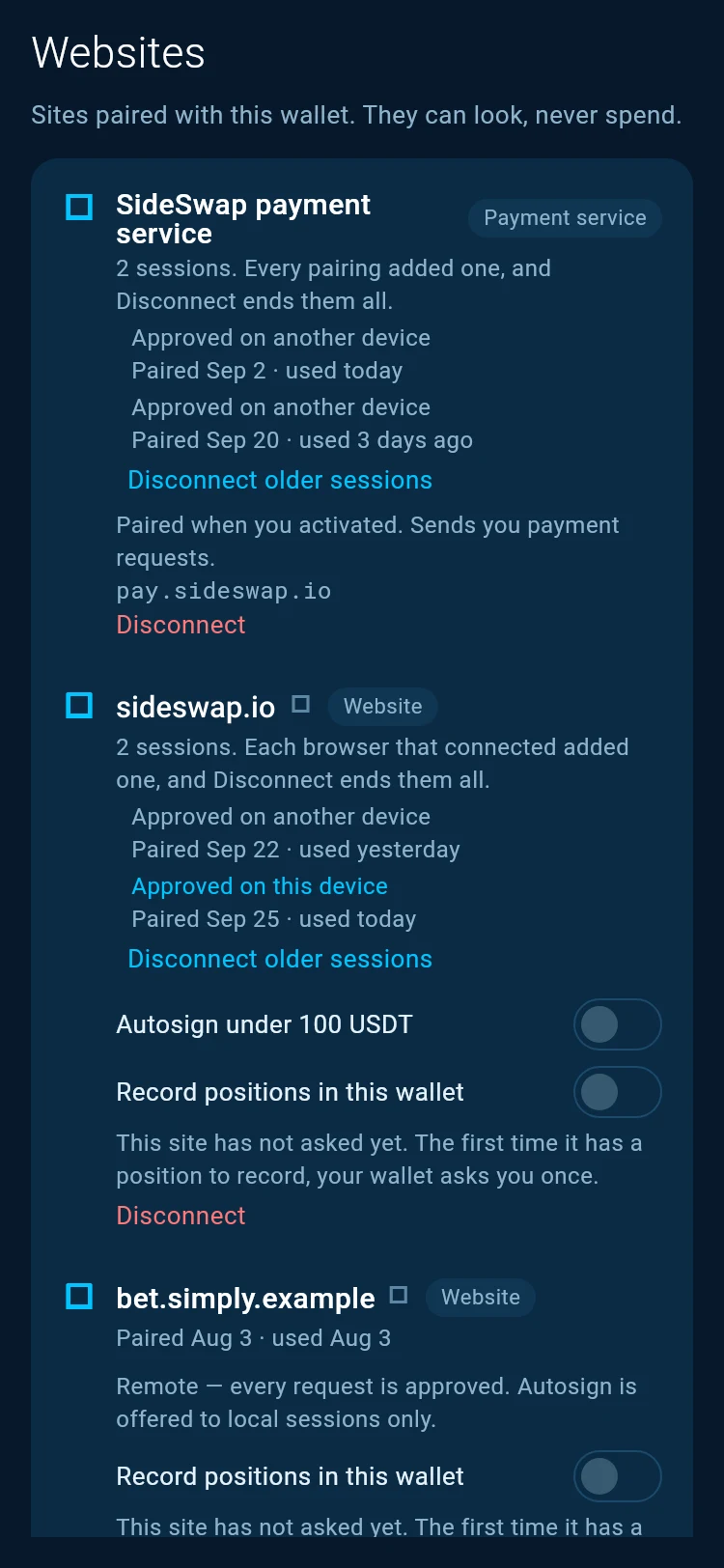 A website row with two sessions, their pairing and last used dates, Disconnect older sessions, Autosign under 100 USDT and Record positions in this wallet.