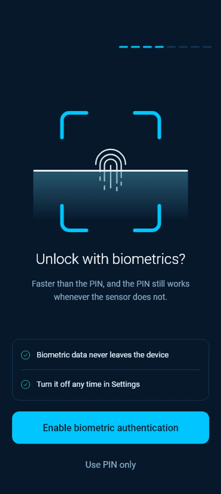 Unlock with biometrics, with Enable biometric authentication and Use PIN only.