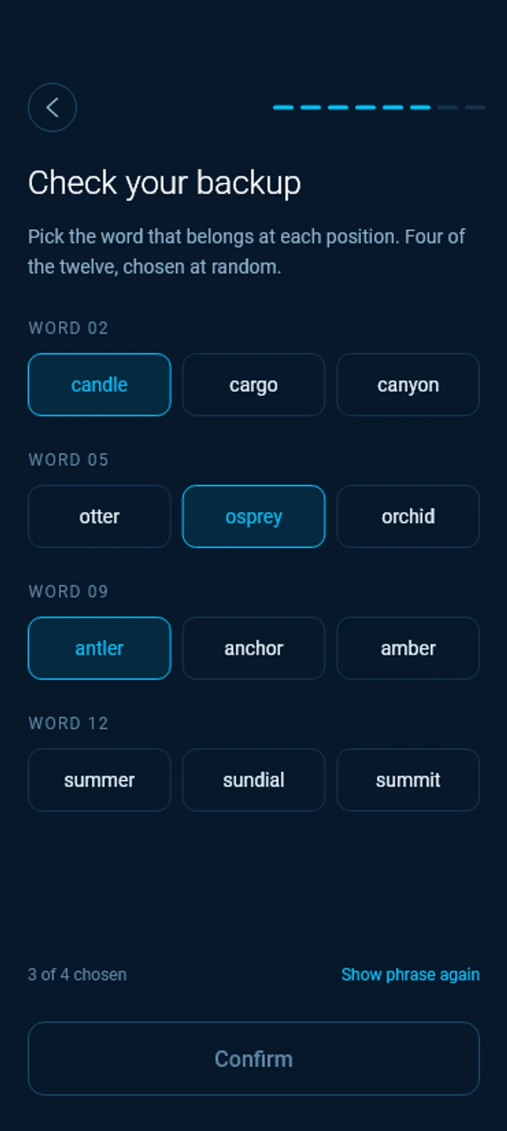 Check your backup, choosing the word for four positions.