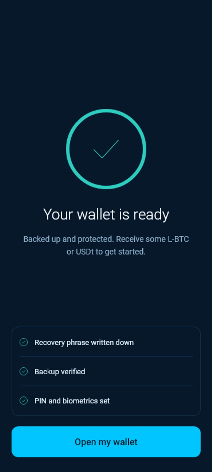 Your wallet is ready, with the recovery phrase written down, backup verified and PIN set.