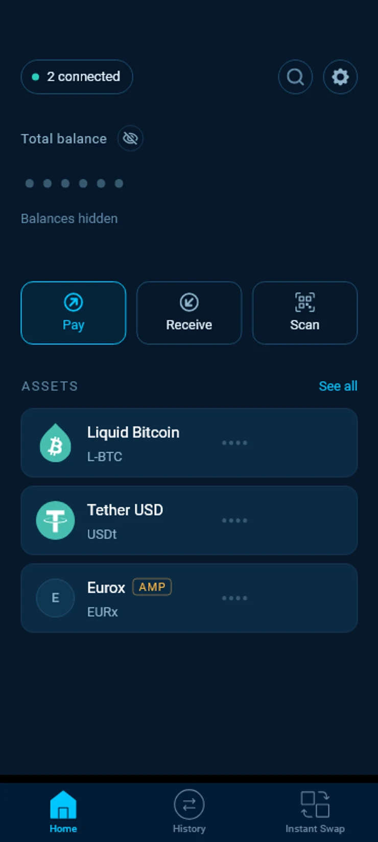 SideSwap Home with balances hidden, the Pay, Receive and Scan buttons and the asset list.
