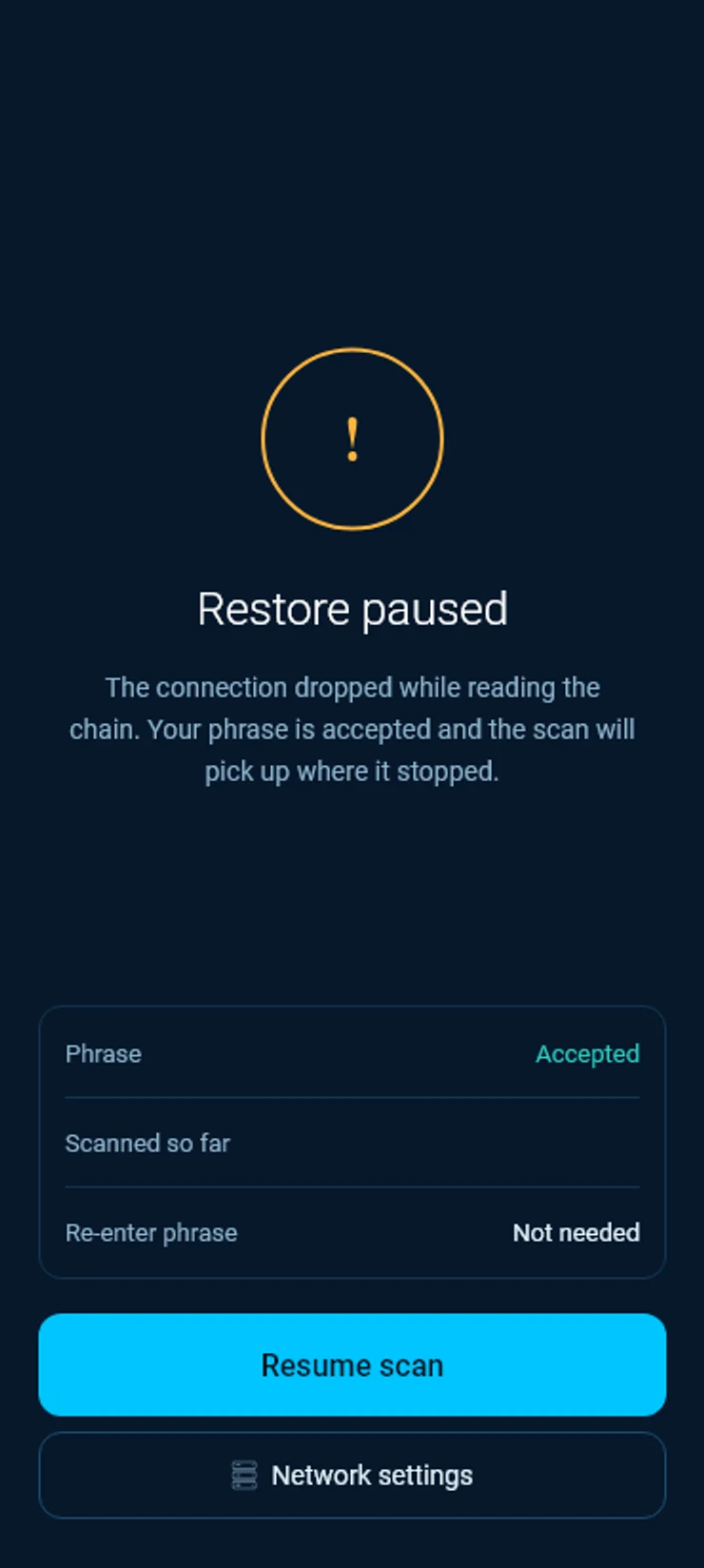 Restore paused, with the phrase accepted, re-enter not needed and Resume scan.