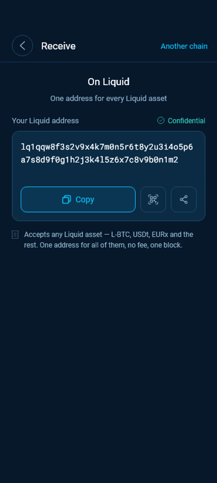 Receive on Liquid, one address for every Liquid asset, with Copy and QR buttons.