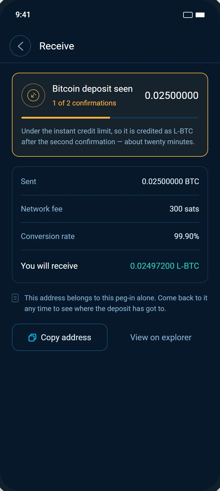The Incoming screen showing a Bitcoin deposit seen with 1 of 2 confirmations and the amount you will receive.