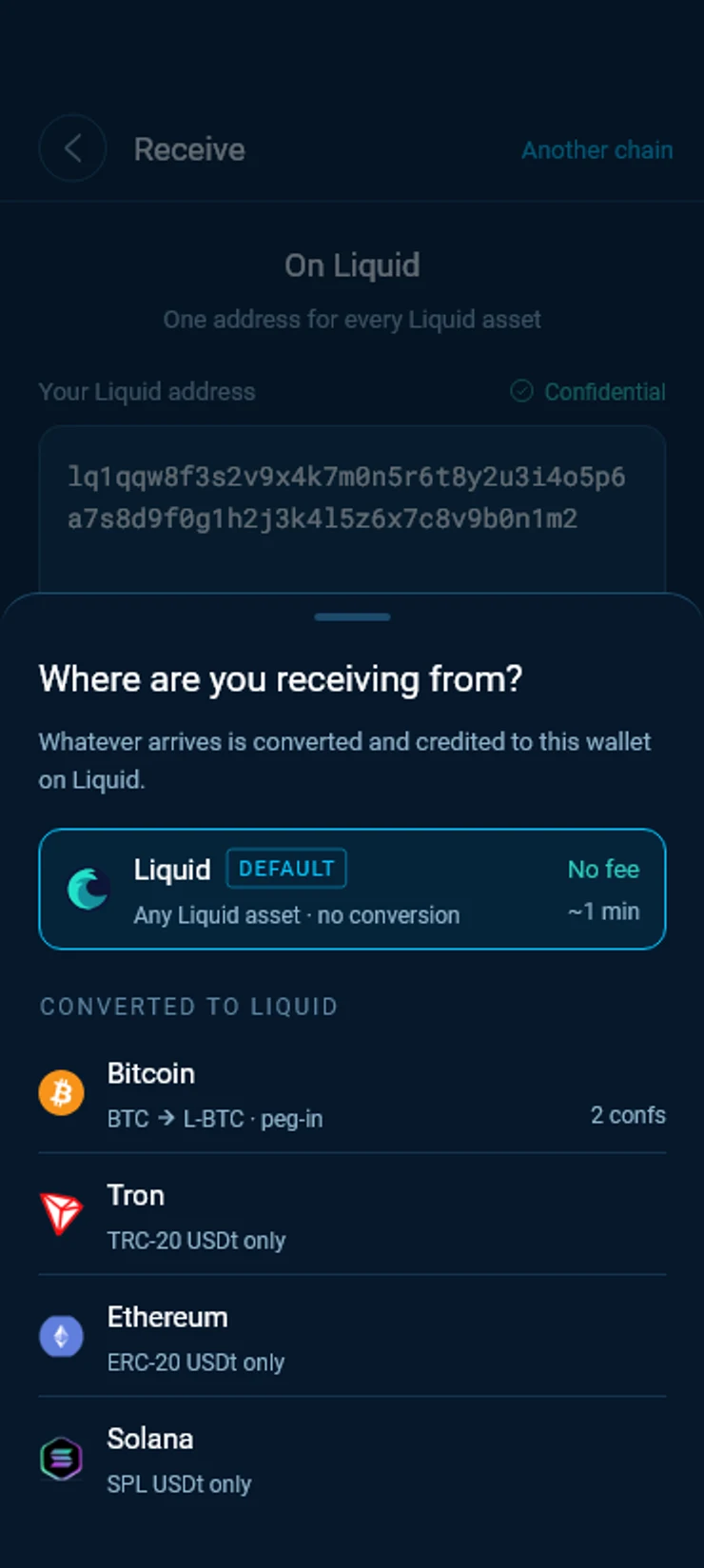 The Where are you receiving from sheet, listing Liquid, Bitcoin, Tron, Ethereum and Solana.