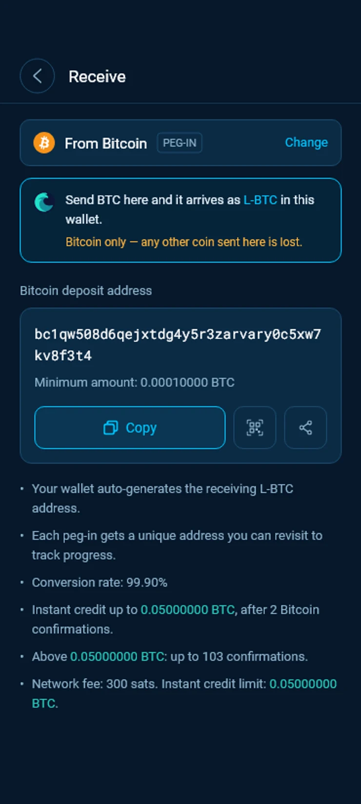 The From Bitcoin screen with the deposit address, the minimum amount, the Copy button and the peg-in terms.