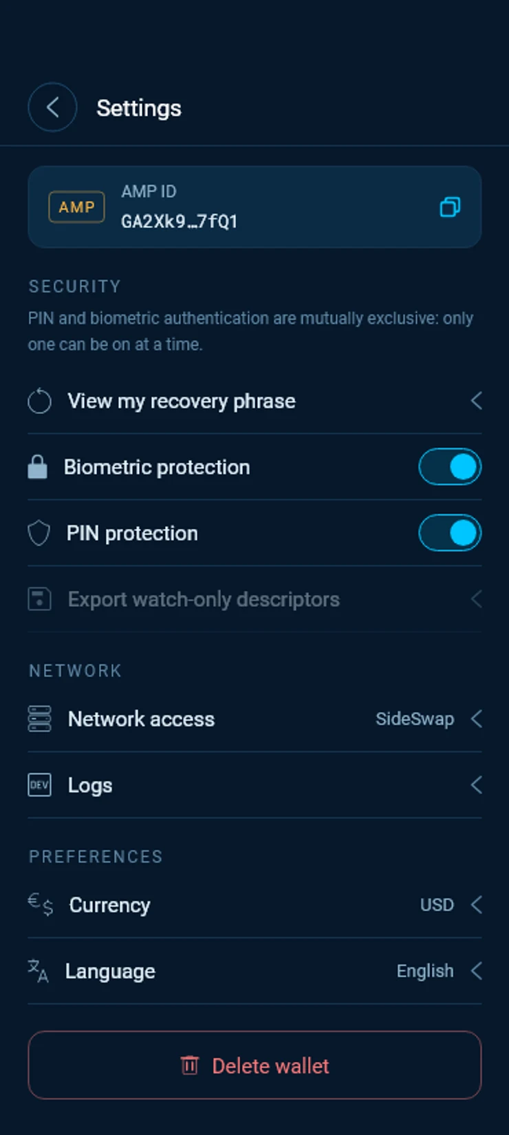Settings with View my recovery phrase under Security.