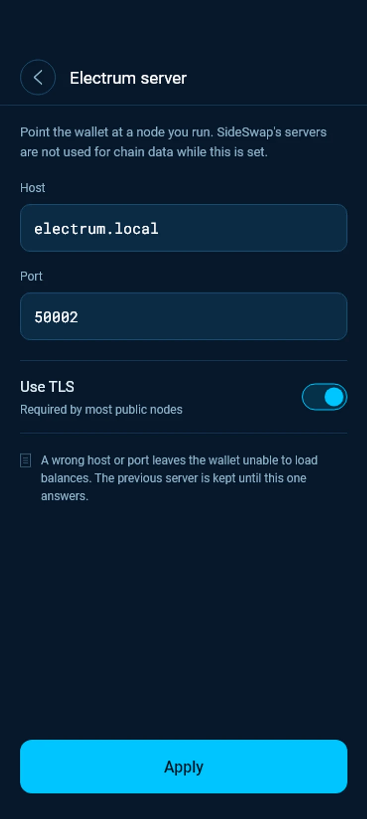 Electrum server with Host electrum.local, Port 50002, Use TLS on and Apply.