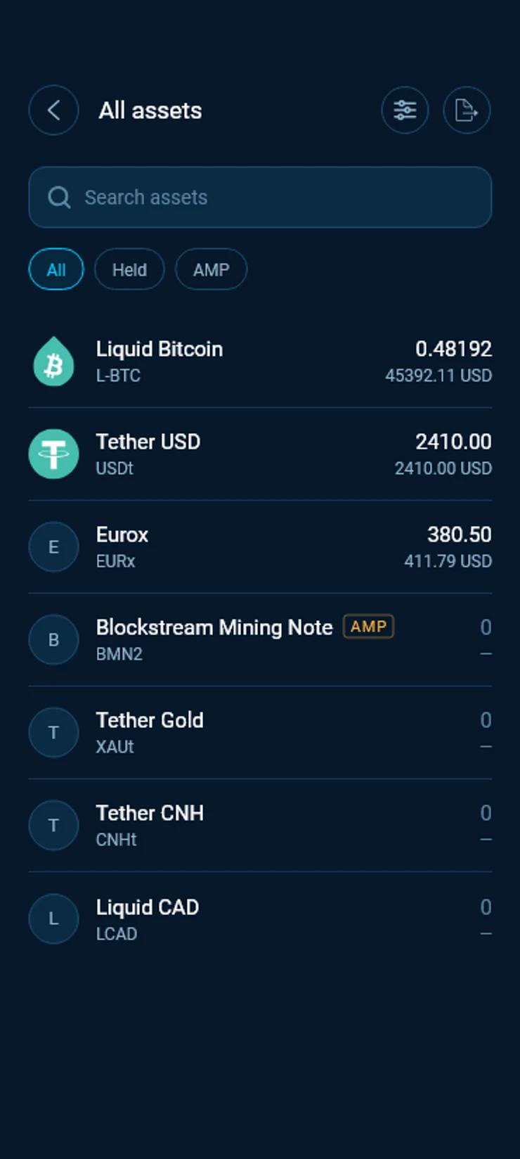 All assets with the All, Held and AMP filters, and Blockstream Mining Note marked AMP.