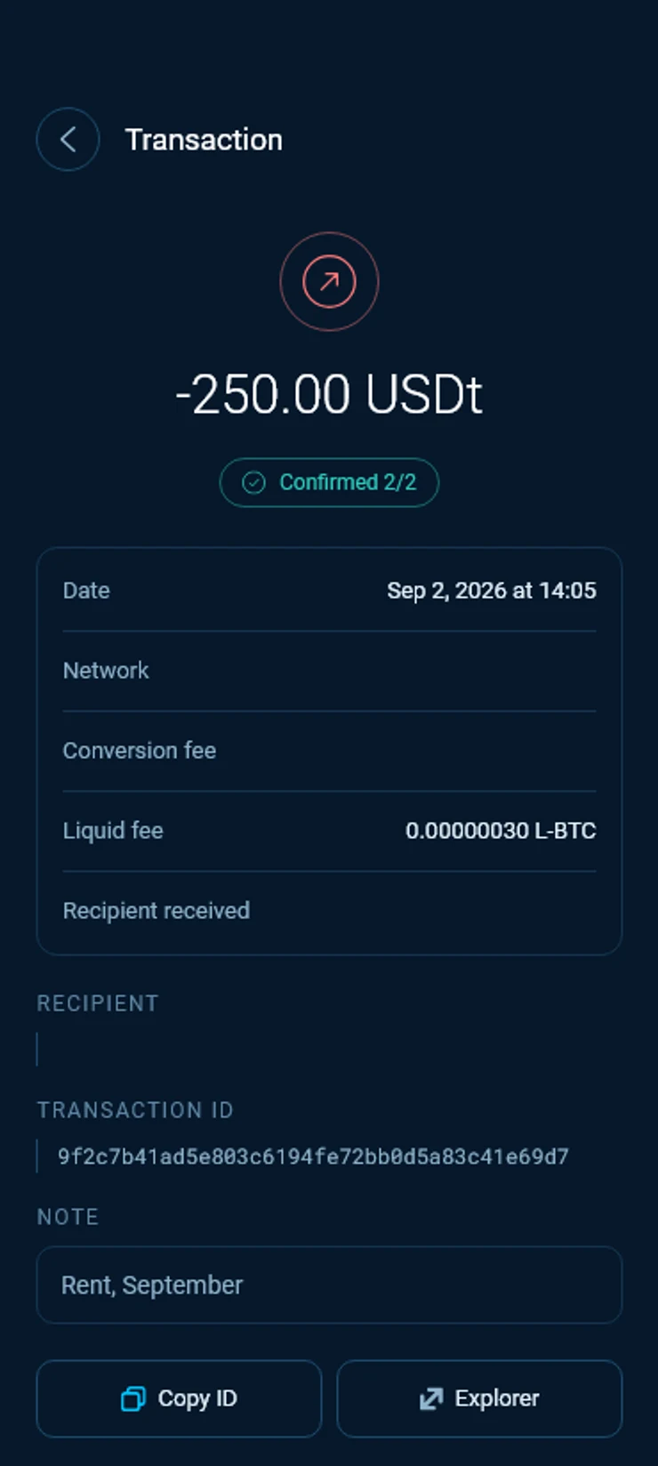 A transaction of minus 250.00 USDt, Confirmed 2/2, with the date, the Liquid fee, the transaction ID, a note and Copy ID and Explorer.