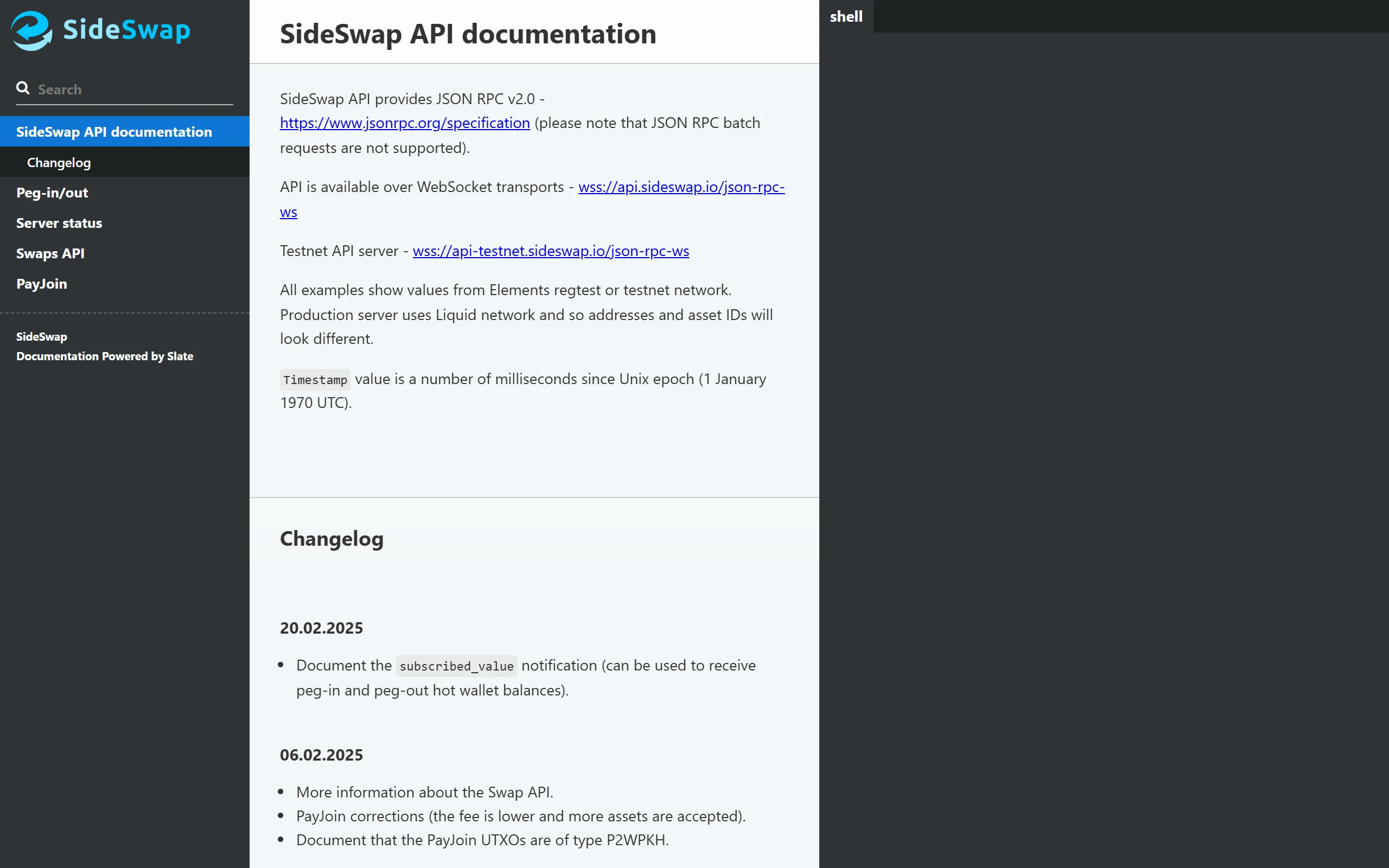The top of the SideSwap API documentation, with JSON-RPC 2.0 over WebSocket and the production and testnet server addresses.