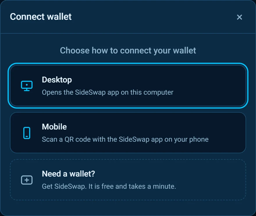 Connect wallet, choosing Desktop or Mobile.