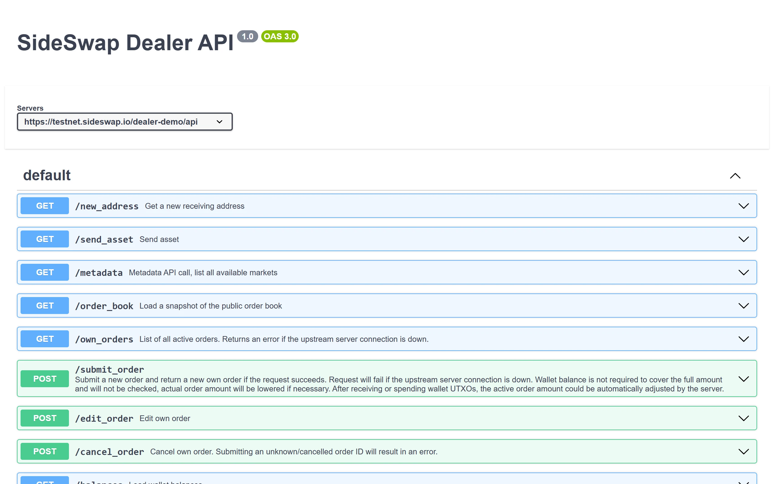 The SideSwap Dealer API in Swagger UI on testnet, with new_address, send_asset, metadata, order_book, own_orders, submit_order, edit_order and cancel_order.