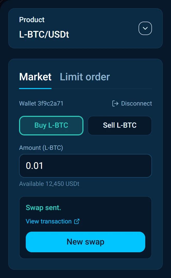 Swap sent, with View transaction and New swap.