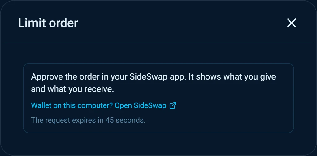The page asking you to approve the order in your SideSwap app.