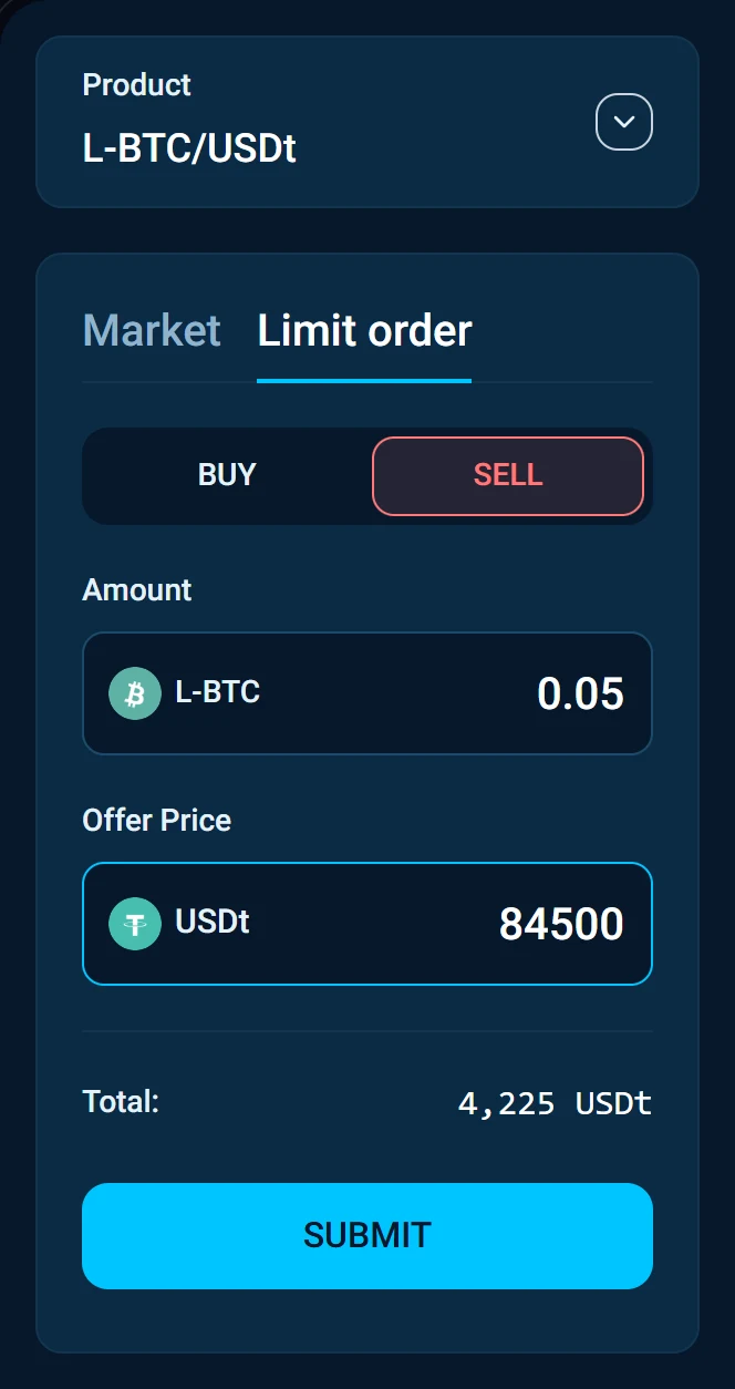 The Limit order form selling 0.05 L-BTC at 84,500 USDt, total 4,225 USDt.