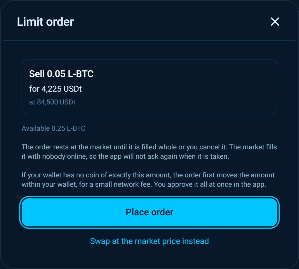 The order review, Sell 0.05 L-BTC for 4,225 USDt at 84,500 USDt, with Place order.