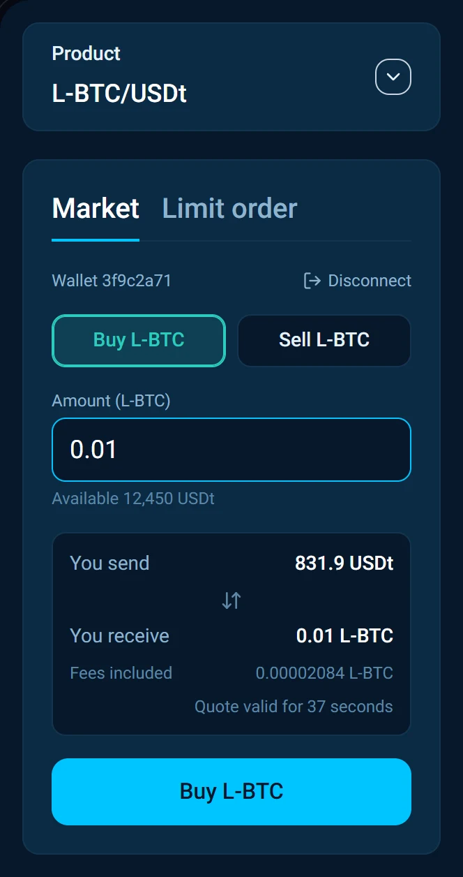 The Market tab buying 0.01 L-BTC, with You send, You receive, Fees included and Quote valid for 37 seconds.