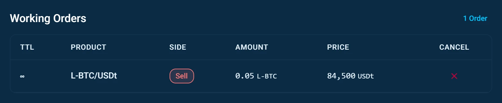 Working Orders with one sell order of 0.05 L-BTC at 84,500 USDt and a Cancel button.